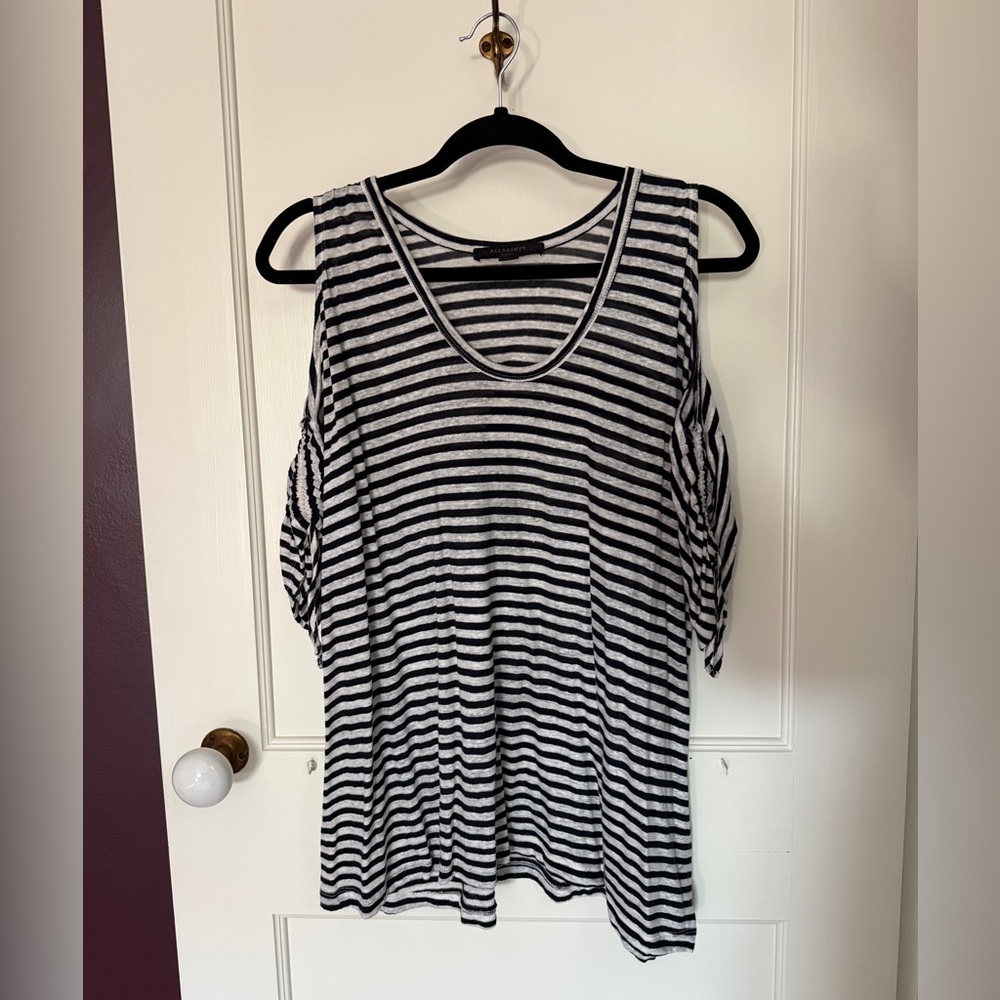 AllSaints Black and White Striped Cold-Shoulder Tshirt